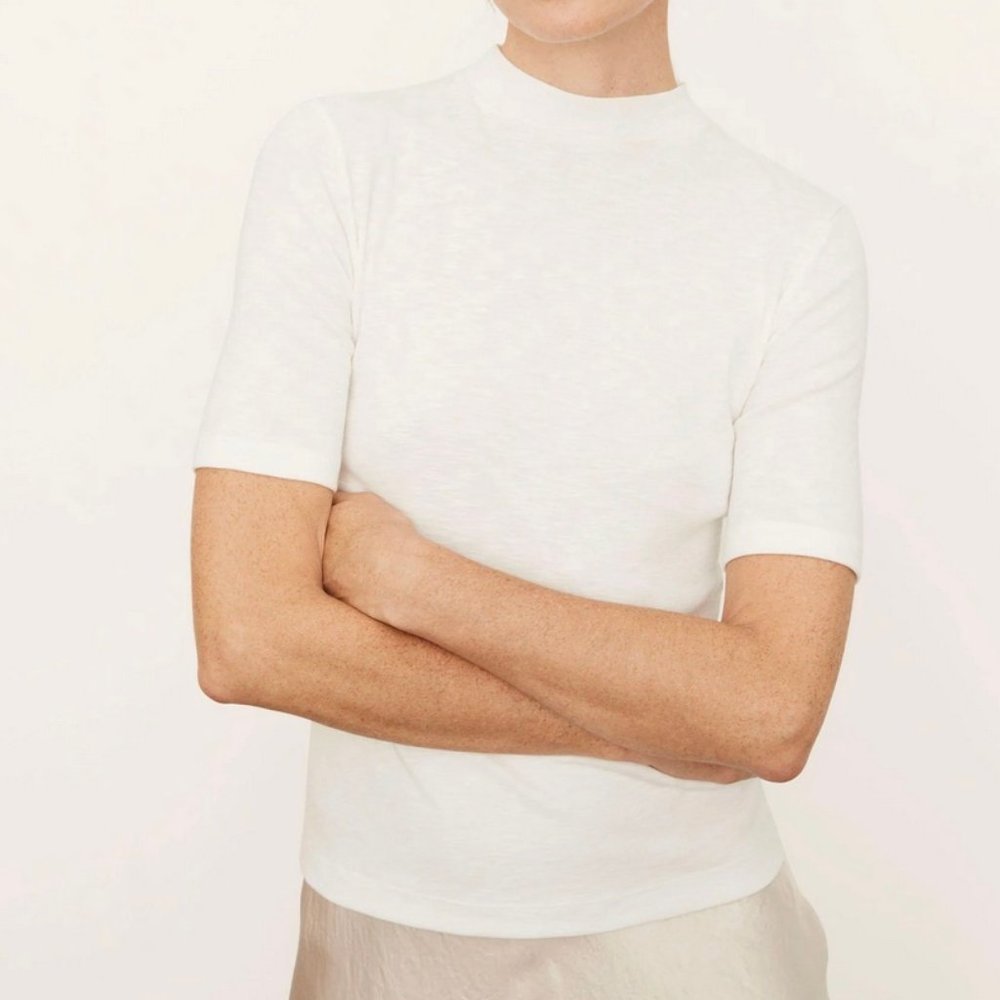 New Vince Peruvian Cotton-Modal Elbow Sleeve Mock Neck Shirt Off White Large